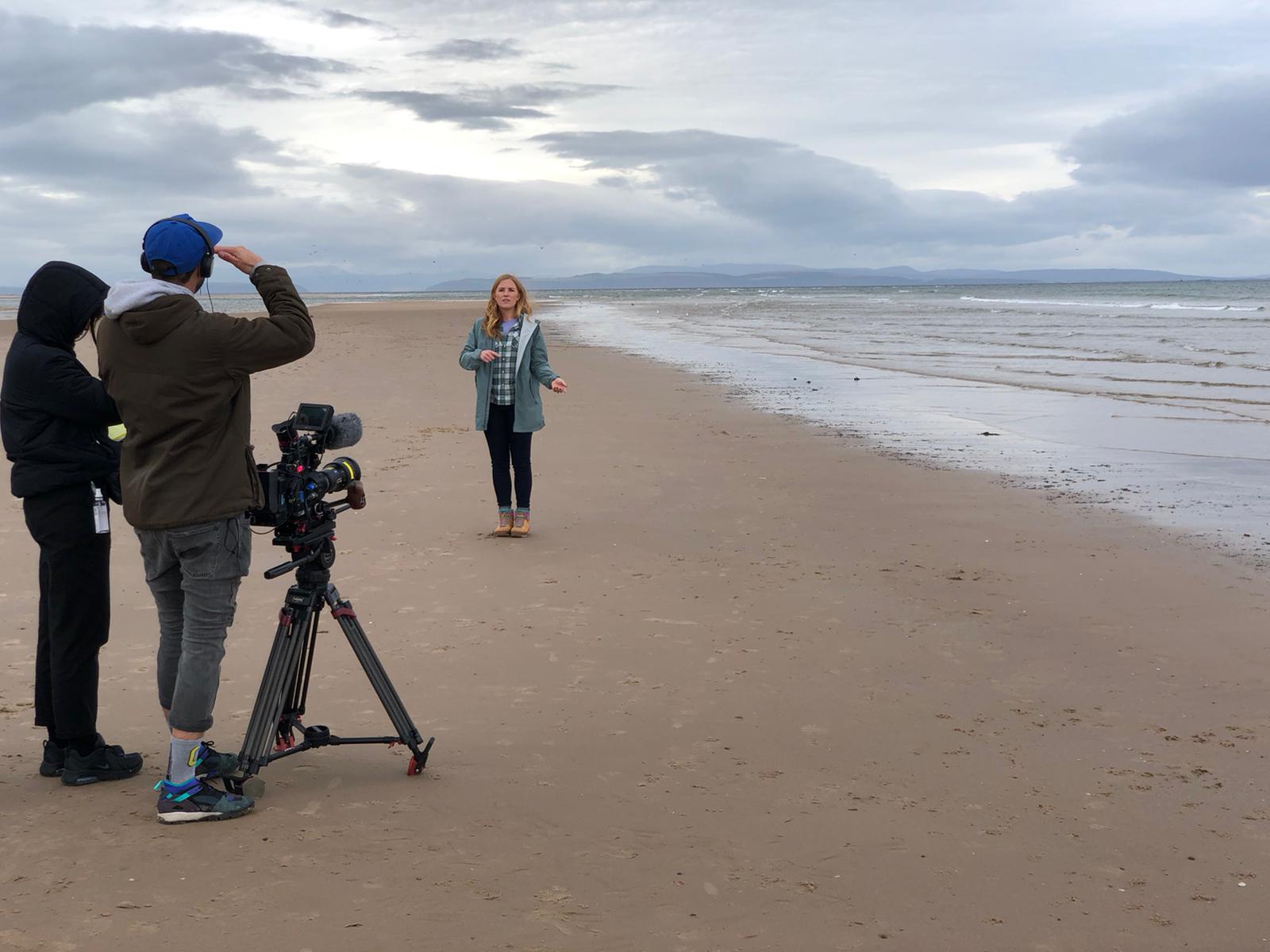 Maddie's Do You Know - Frax Creative crew filming on Scottish beach with Maddie Moate